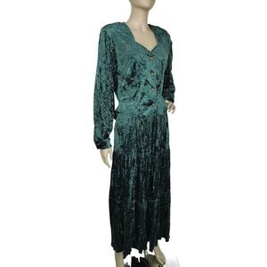 Vintage 70s Western Boho Prairie Green Crushed Velvet Tiered Maxi Skirt Top Set